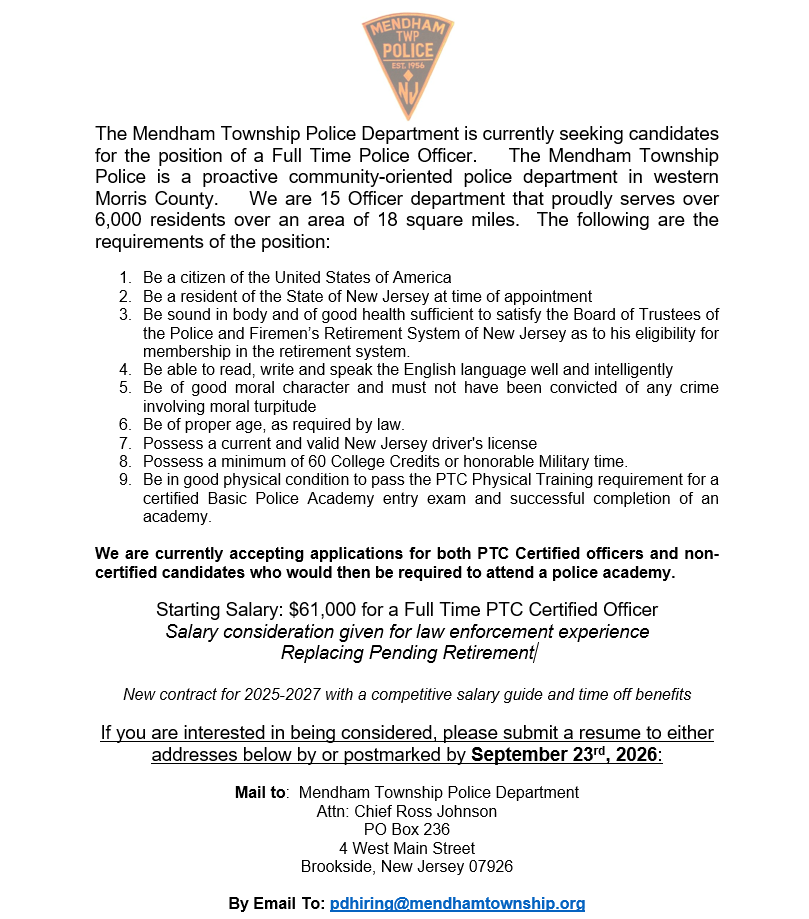 Mendham Township Police Department, NJ Police Jobs